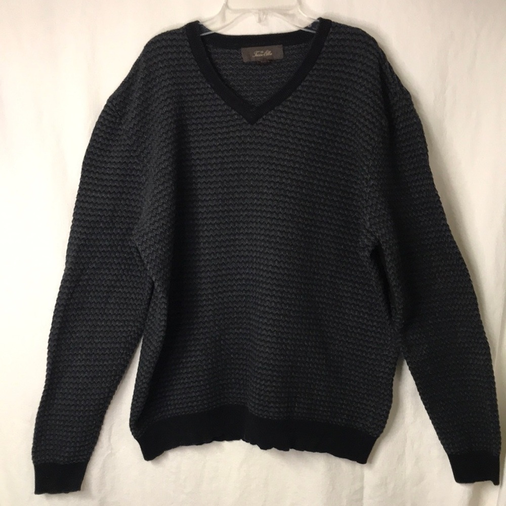 TASSO Elba Men’s V Neck Pullover Sweater Size L Black Gray EUC